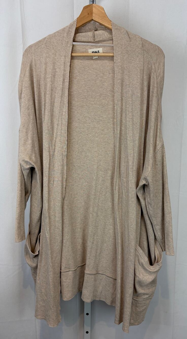 PACT Airplane Wrap Cardigan Open Front Pockets Organic Cotton Knit Beige XS S